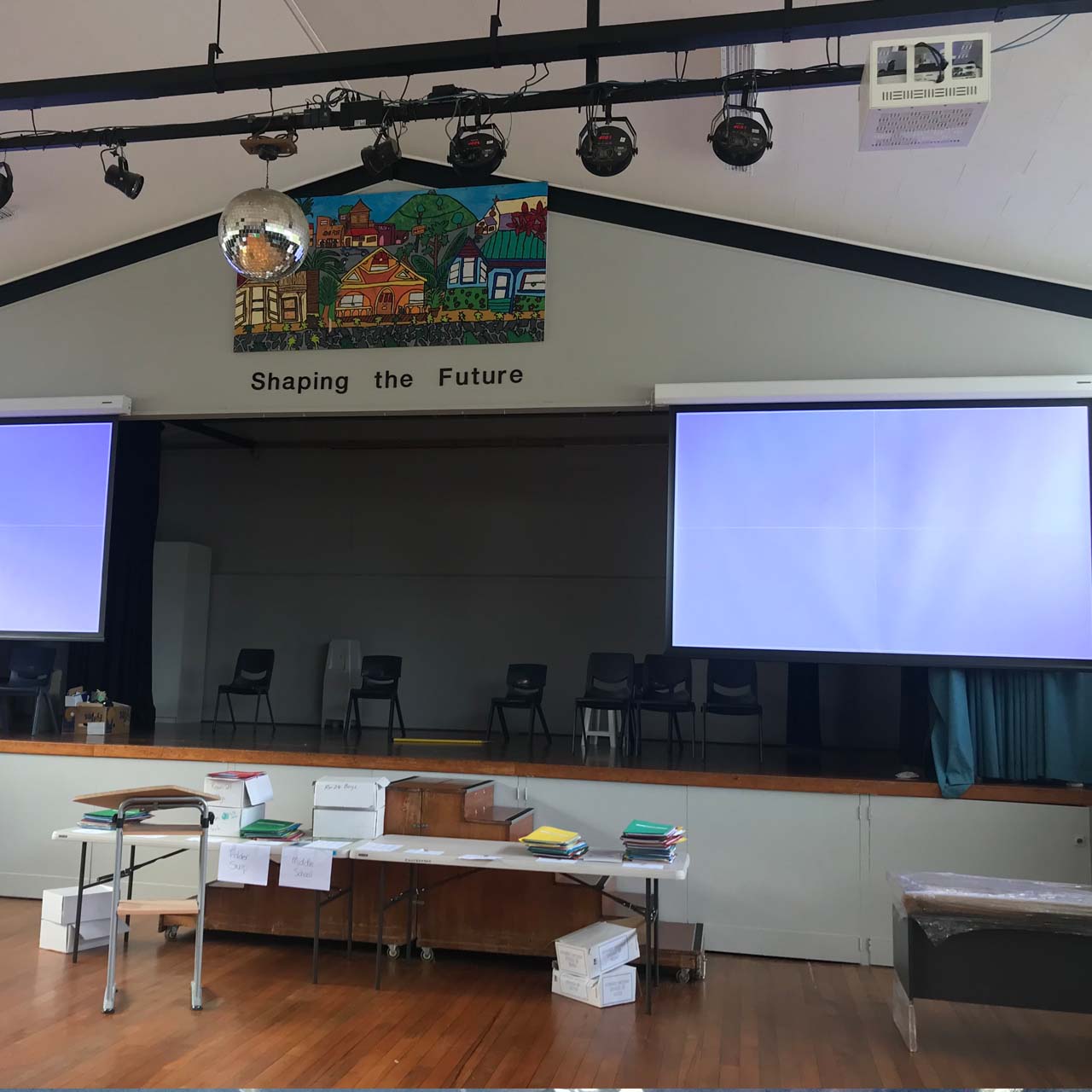 School assembly hall sound system installation for clear, even speech coverage