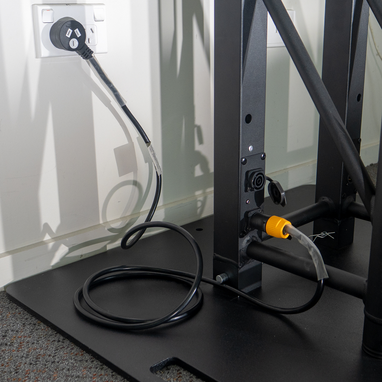 Close-up of truss power and DMX loop-through connectors